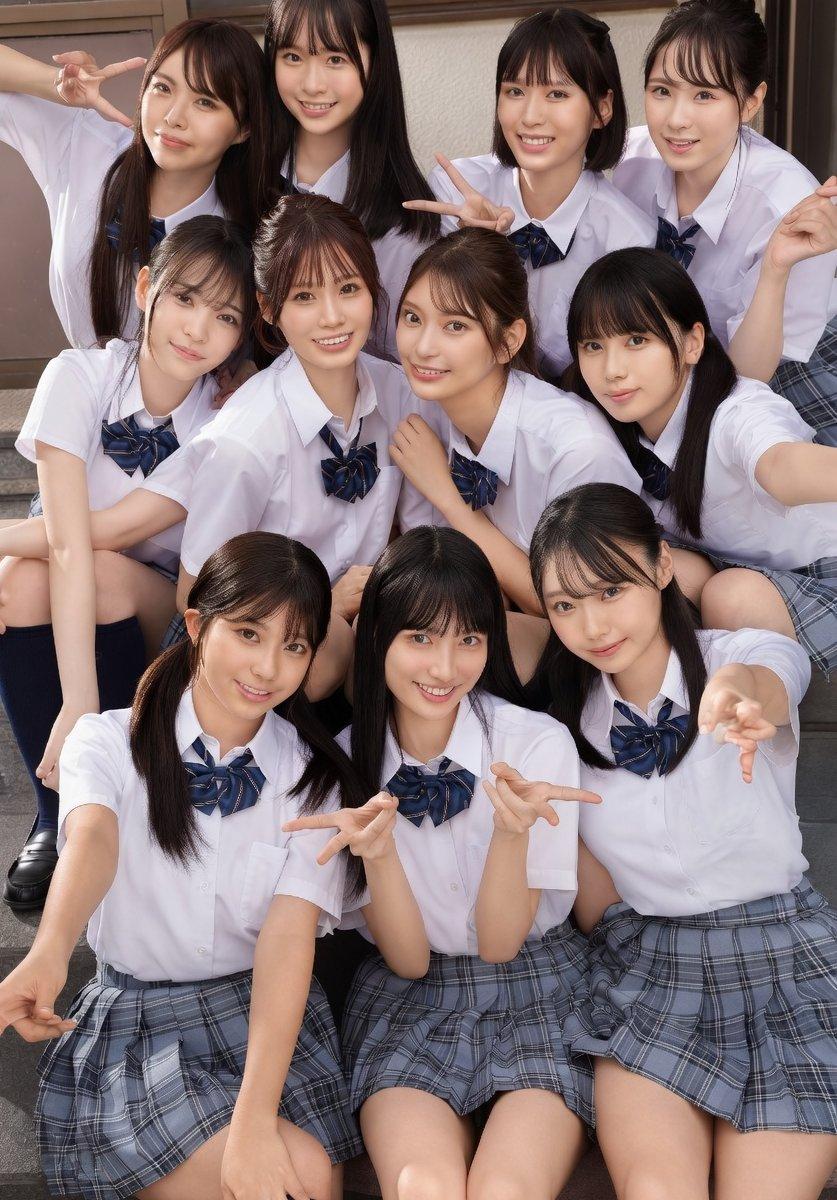 一群可爱的女高中生摆姿势拍照。