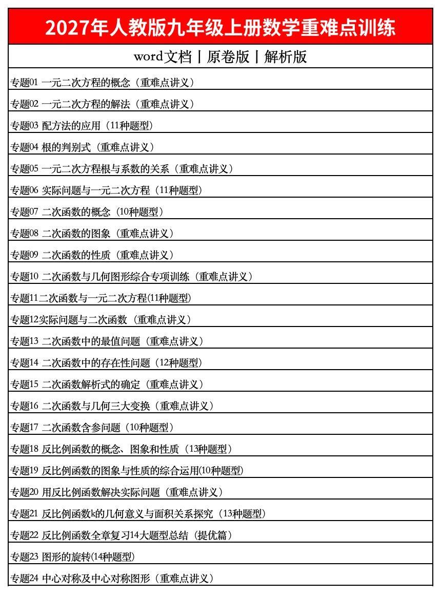 人教版九上数学重难点训练，原卷版➕解析版。2027年人教版九年级上册数学重难点