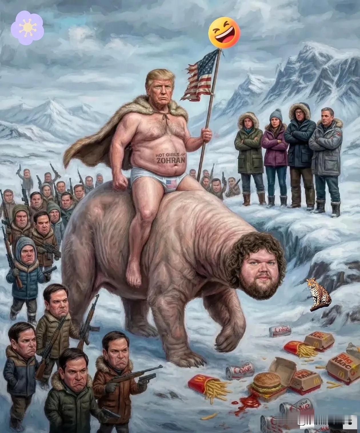 一张极具讽刺意味的漫画，把外网那帮人看嗨了画里的特朗普骑着高头大马，俨然一副