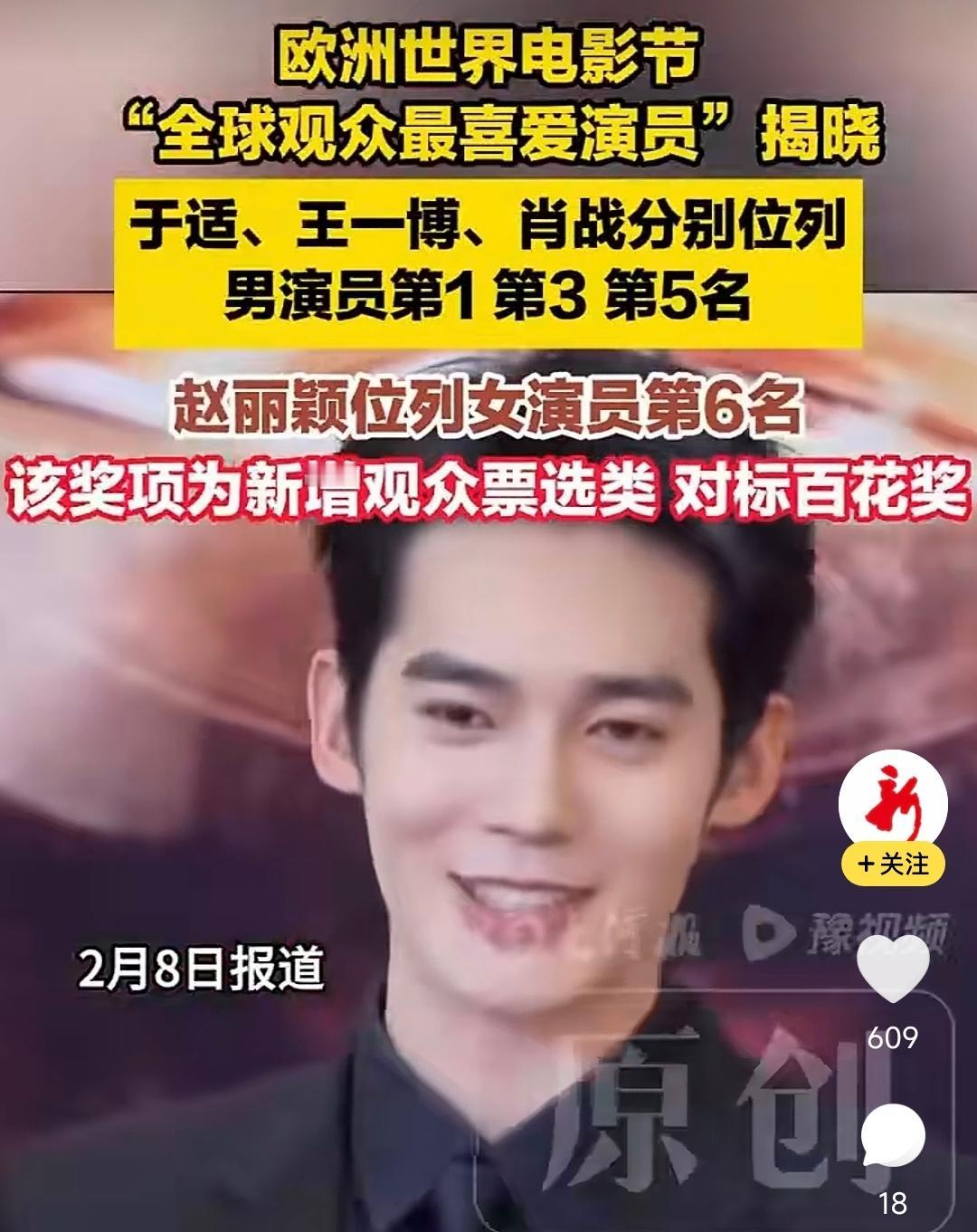 没看错吧？欧洲世界电影节全球观众最喜爱演员中，中国演员于适竟然斩获了第一名！