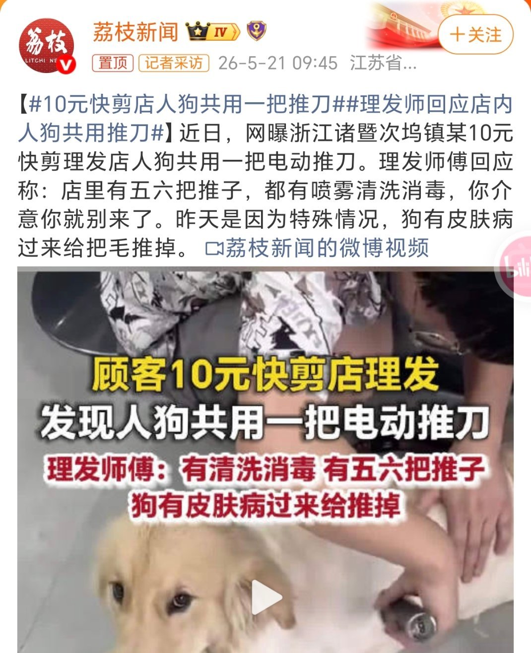 10元快剪店人狗共用一把推刀共用一把推刀。狗还有皮肤病。。。。
