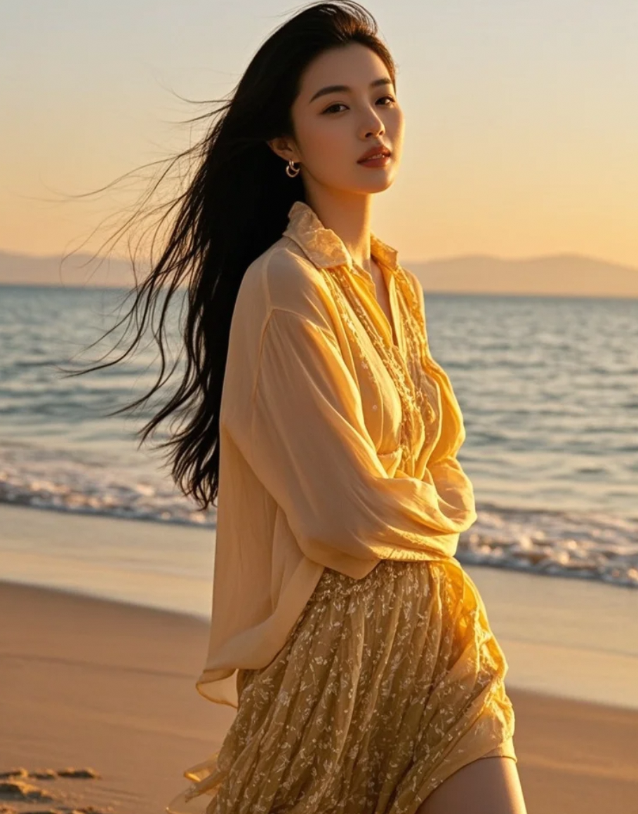 女神的沙滩写真，长发飘逸，笑容温婉，意境优美