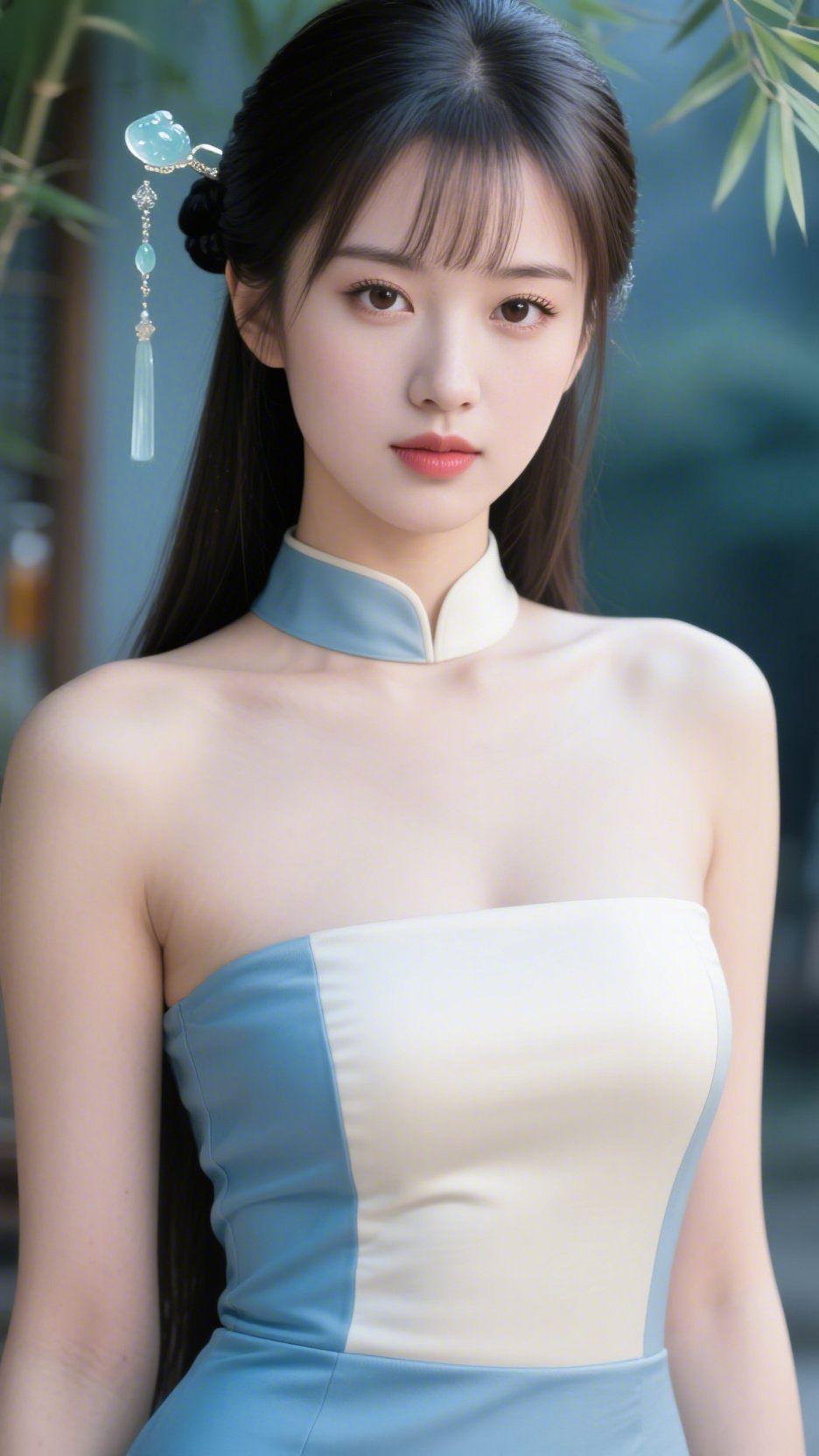 竹影清风漾国风青竹疏影在身旁轻轻摇曳，青蓝与米白搭配的衣装，将东方美学的温