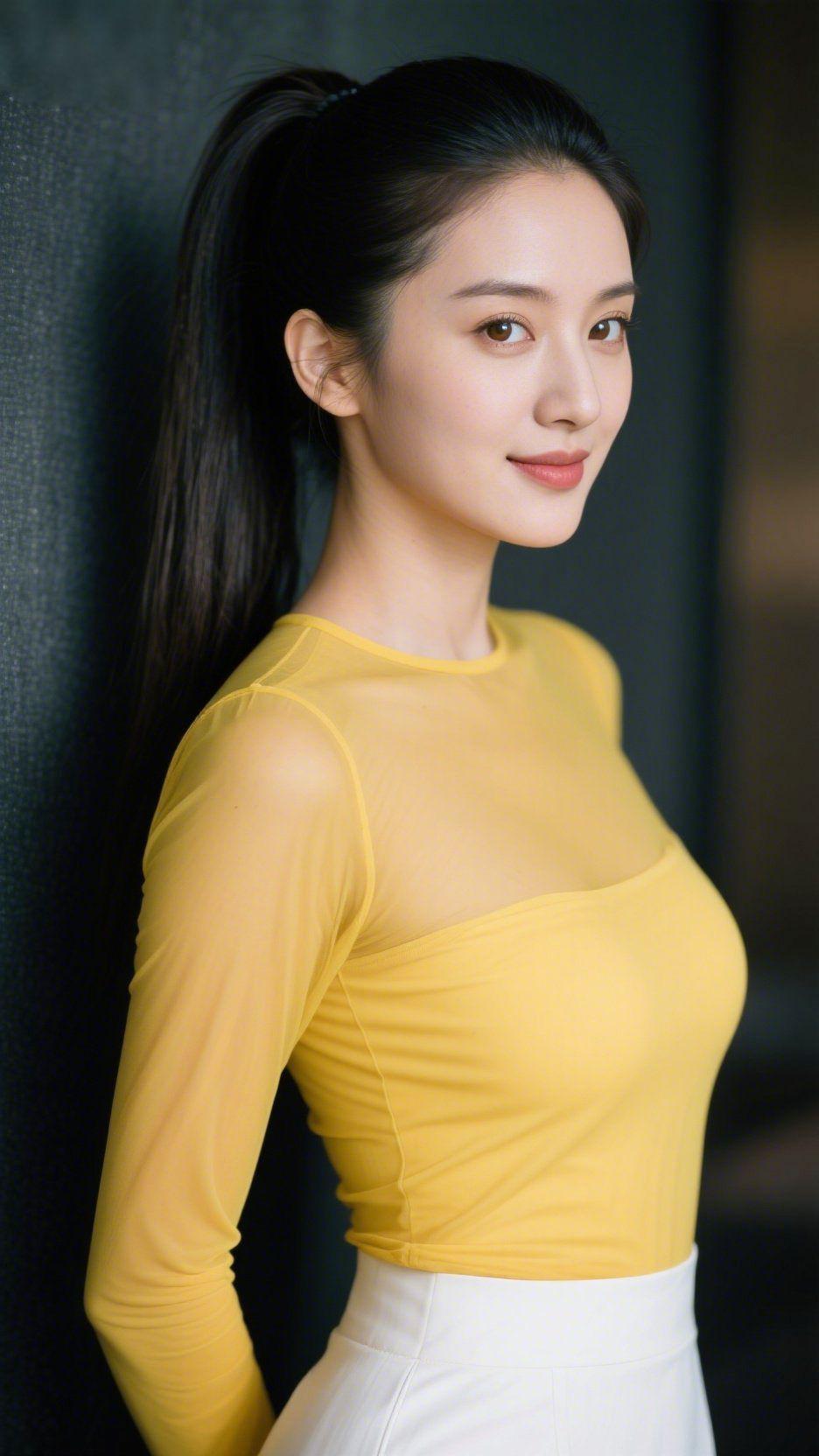 《黄衫载满春日柔》明黄薄衫配利落马尾，像把整季春日的柔亮都织进了衣衫里。