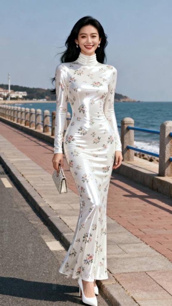 身穿白色花连衣裙美女海边写真。连衣裙美女壁纸