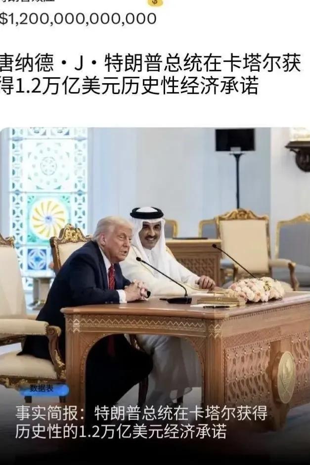 5月15日，白宫再次被打鸡血，官方账号发文：“特朗普在卡塔尔获得历史性的1.2万