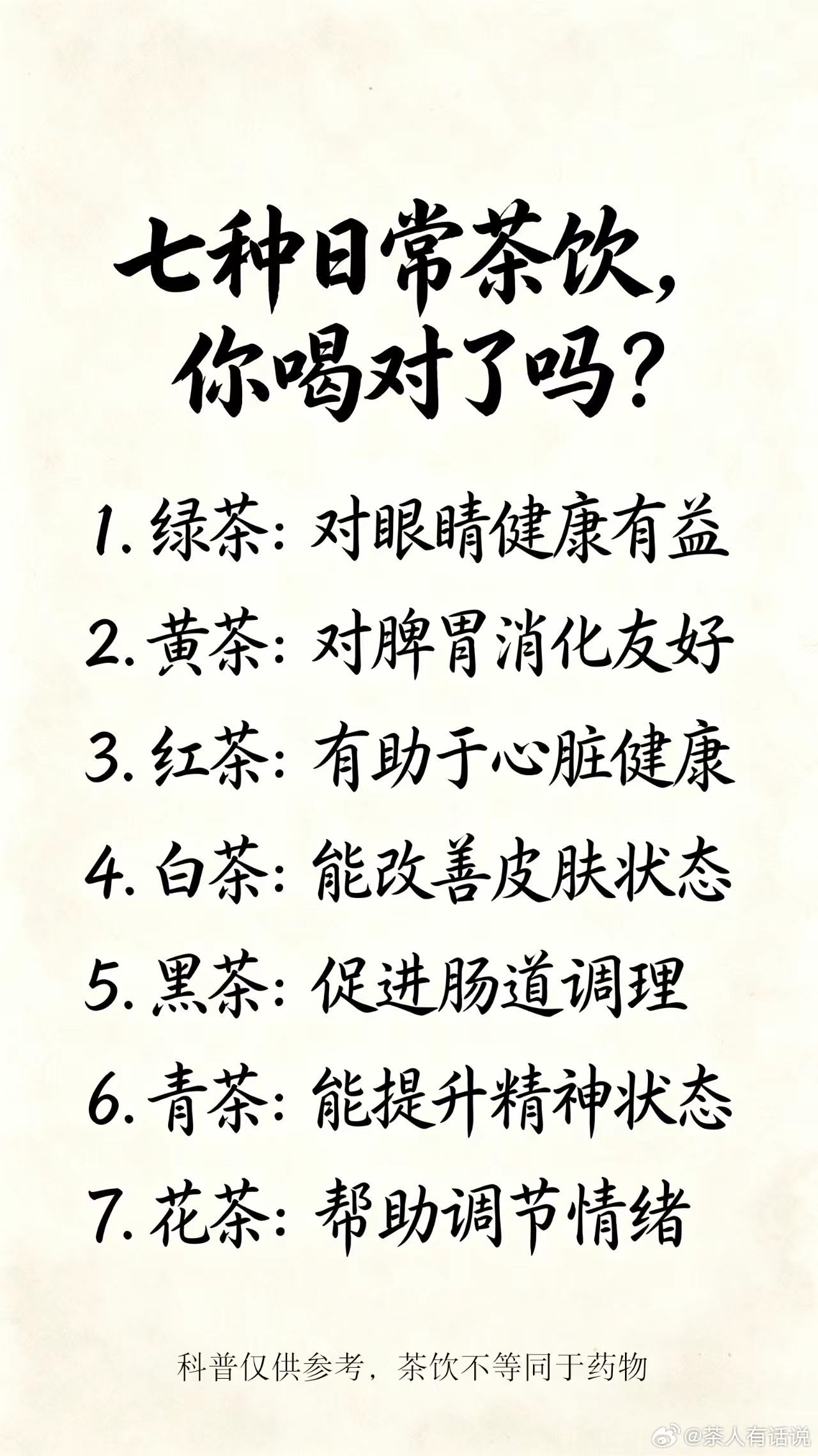 🍃七种日常茶饮，看看你喝对了吗喝茶讲究适配，收好这份小参考✨▪绿茶｜对眼睛健康