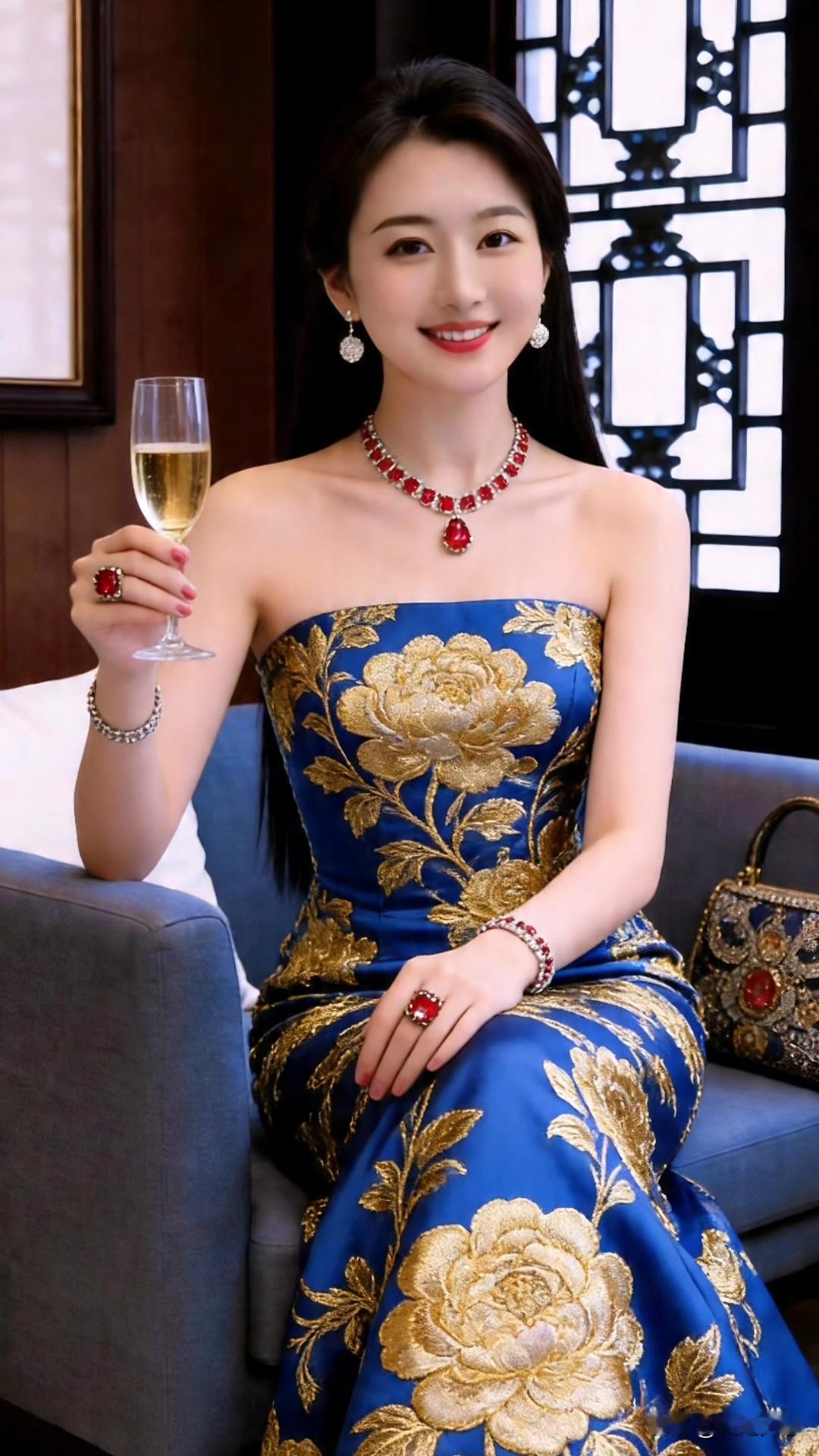 谁说在家只能穿睡衣？这套蓝金刺绣礼服搭配红宝首饰，把居家氛围感直接拉满！丝滑缎面