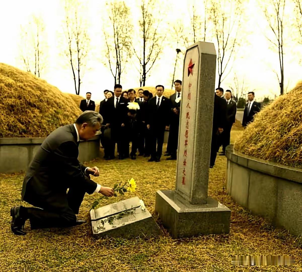 王毅外长在朝鲜烈士陵园的这一跪，全网泪目。这才是中国人最该记住的画面！一位头发