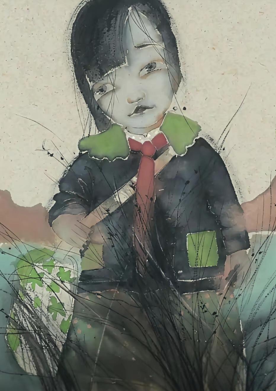 同样画系红领巾的孩子，两幅作品摆在一起，冲击力实在太强。爱好者笔下的小姑娘