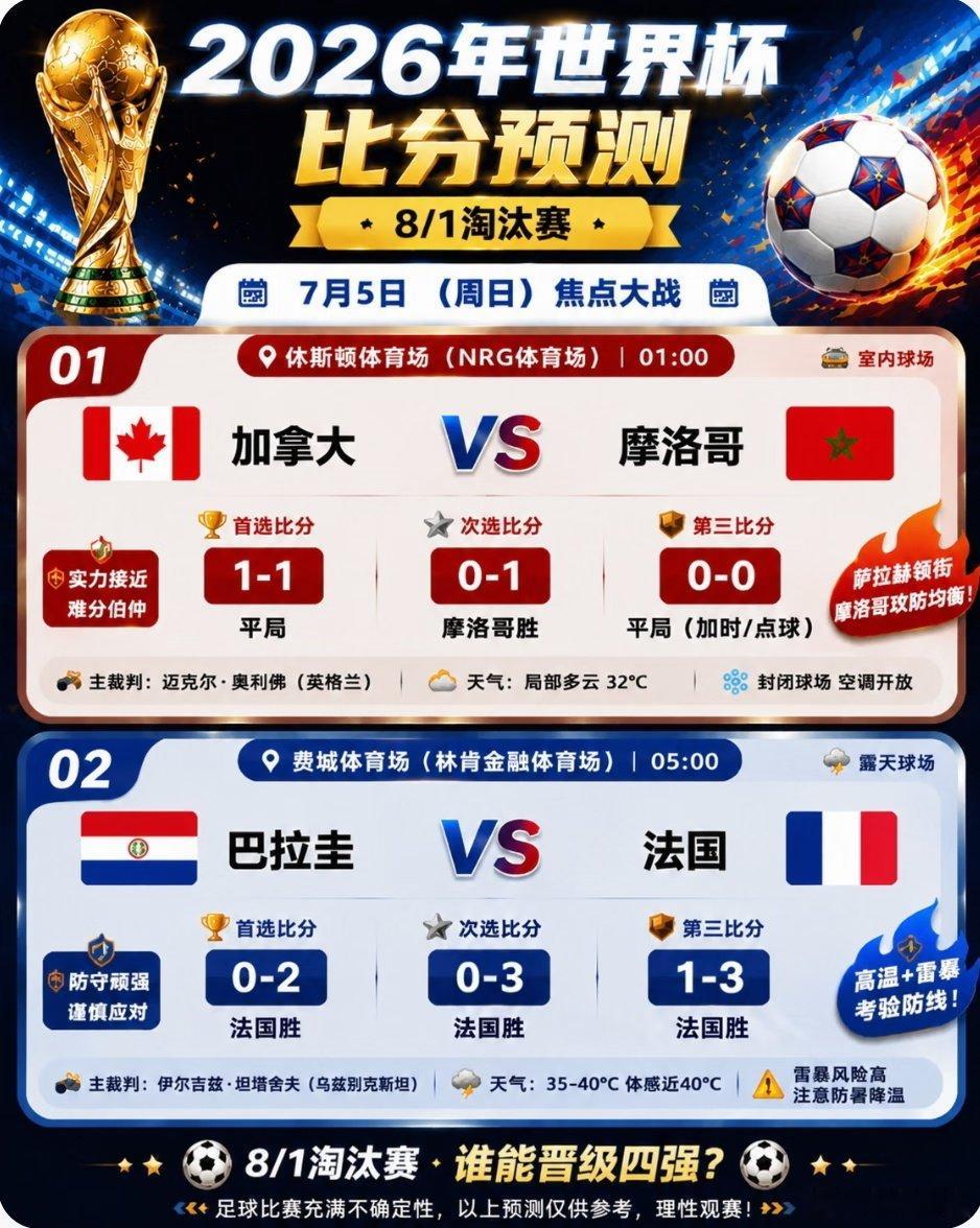 纯球迷战术预测·不涉赌博·理性参考·开心看球📅7月5日赛程确认