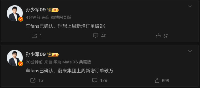 上周蔚来和理想的新增订单。​​​
