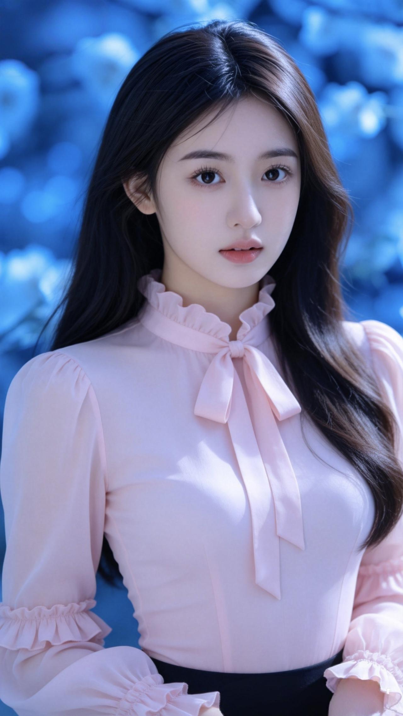 碰到颜值高的女生你有心动过么?梦幻蓝调背景下的甜美少女，粉色蝴蝶结衬衫，温柔动