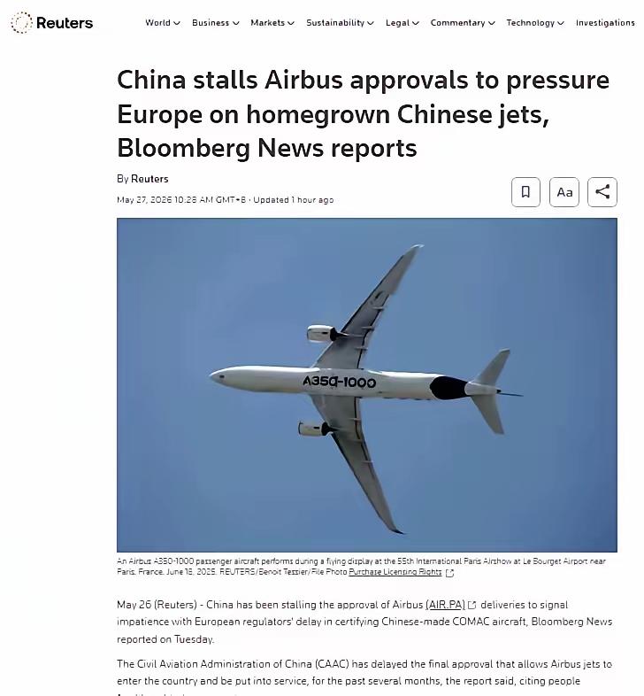 路透社：中国一直在拖延对空客（AIR.PA)的审批：据彭博新闻周二报道，交付飞机