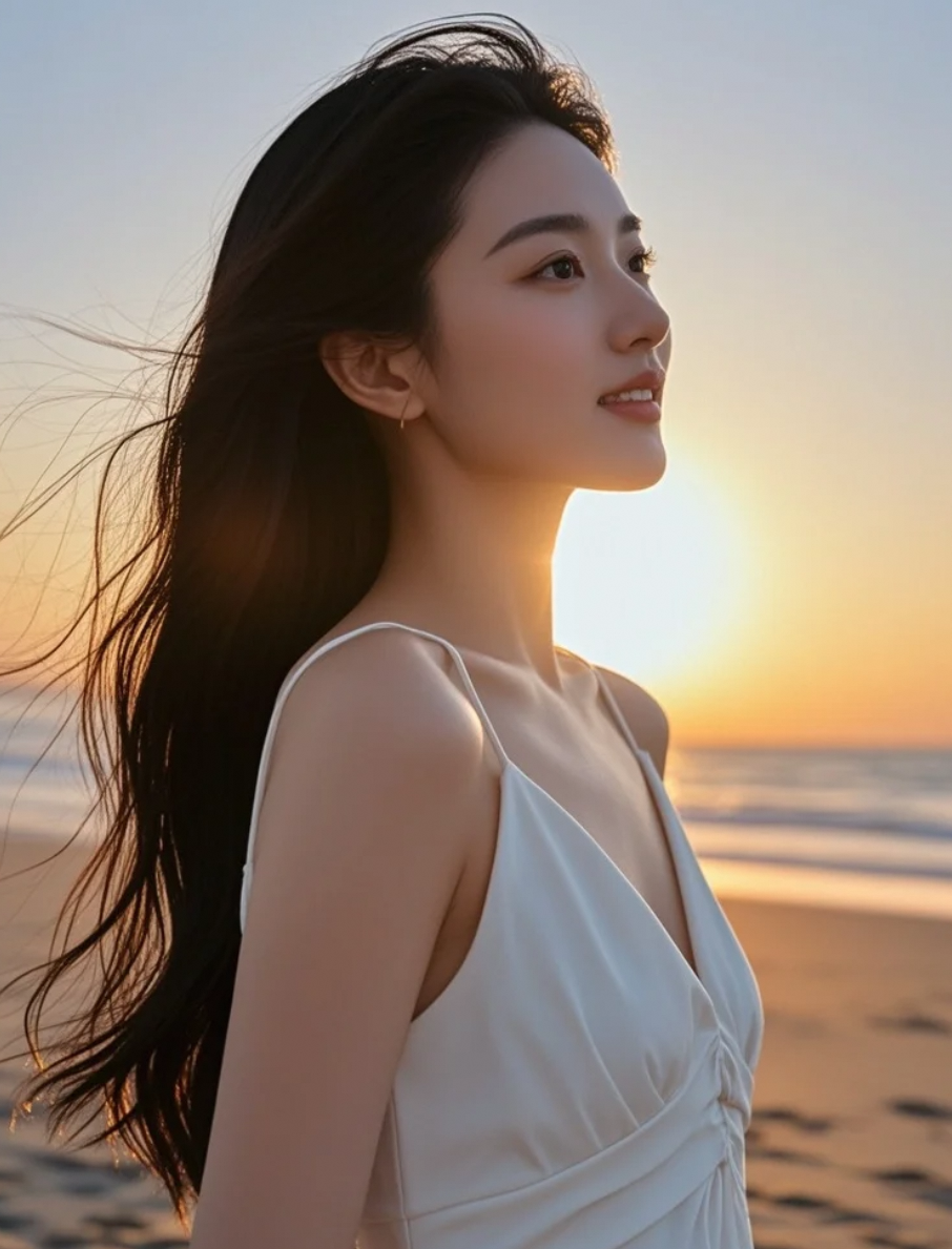 沙滩上的现代诗篇：长发、晚风、温柔笑容与巨星气场