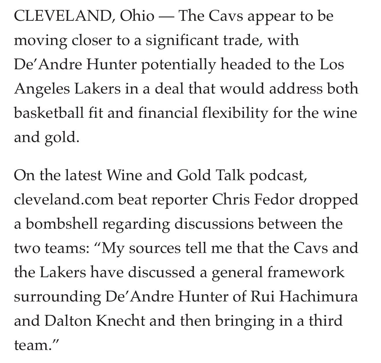 骑士记者ChrisFedor：据我的消息源透露，骑士队和湖人队已经讨论了一个初