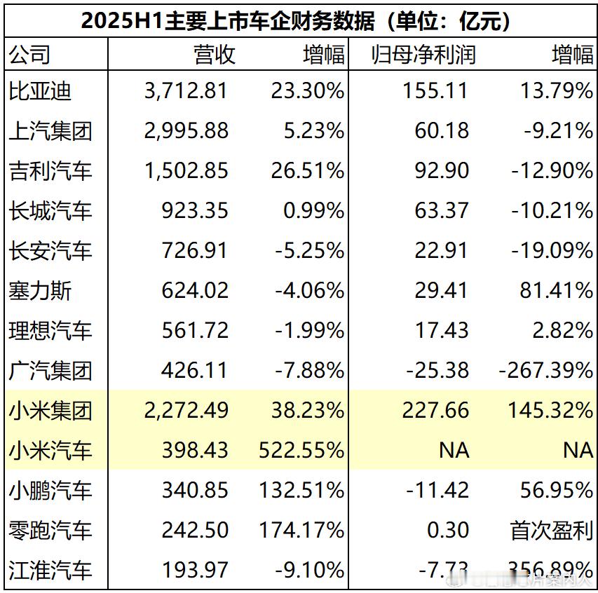 已公布半年报的主要车企的财务数据，大家参考。小米汽车数据单独拉出来，上半年营业收
