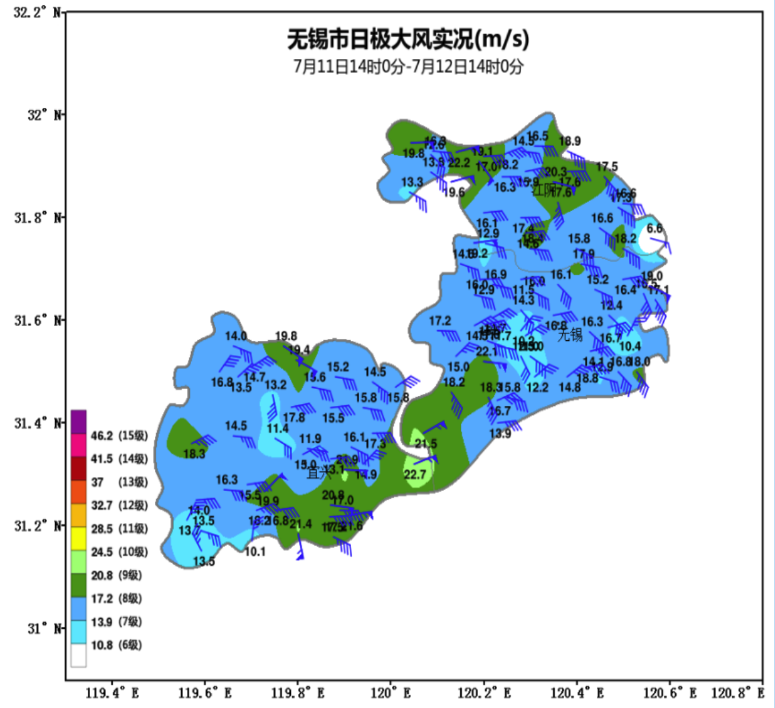 距离141公里! 无锡进入风力最强时段