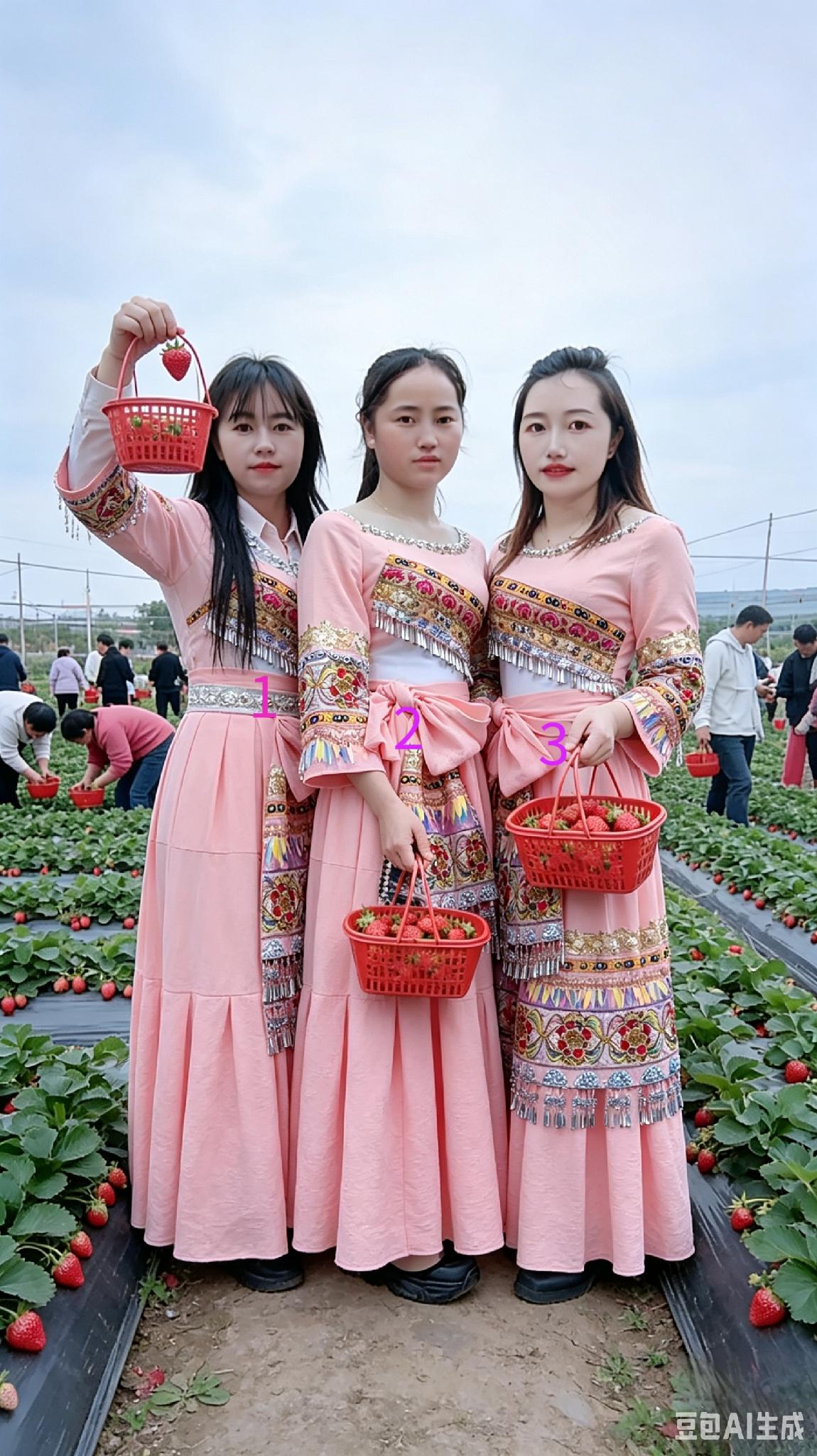三位姑娘摘草莓，中间田园采摘姑娘一位最美。你觉得恰当吗？欢迎评论。