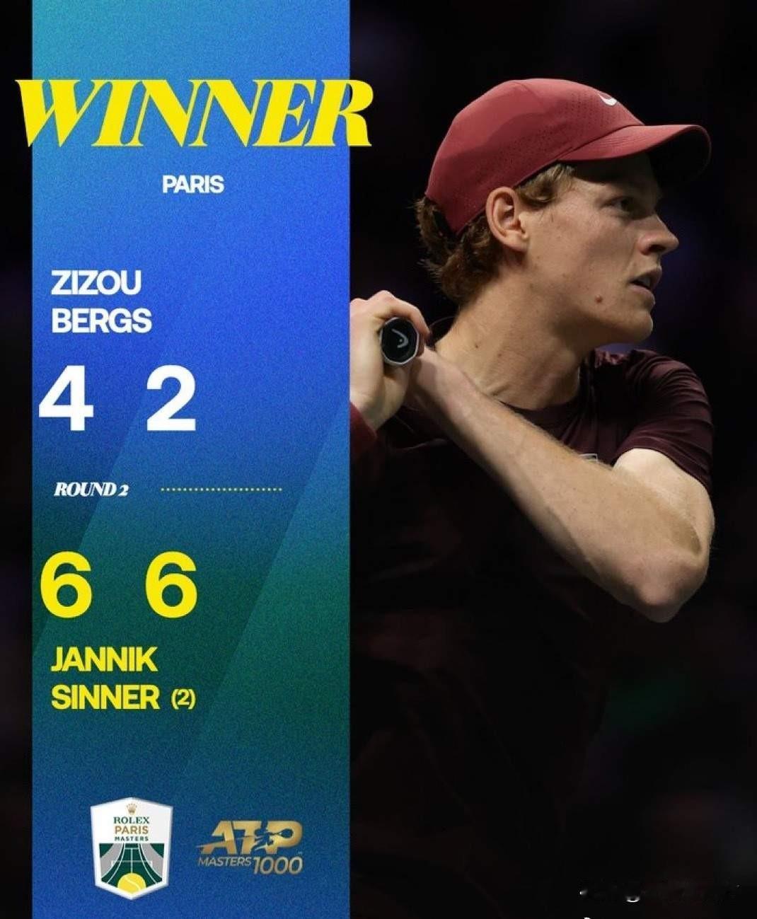 ATP1000巴黎大师赛男单第2轮，辛纳以6-4、6-2战胜世界排名41位的比利