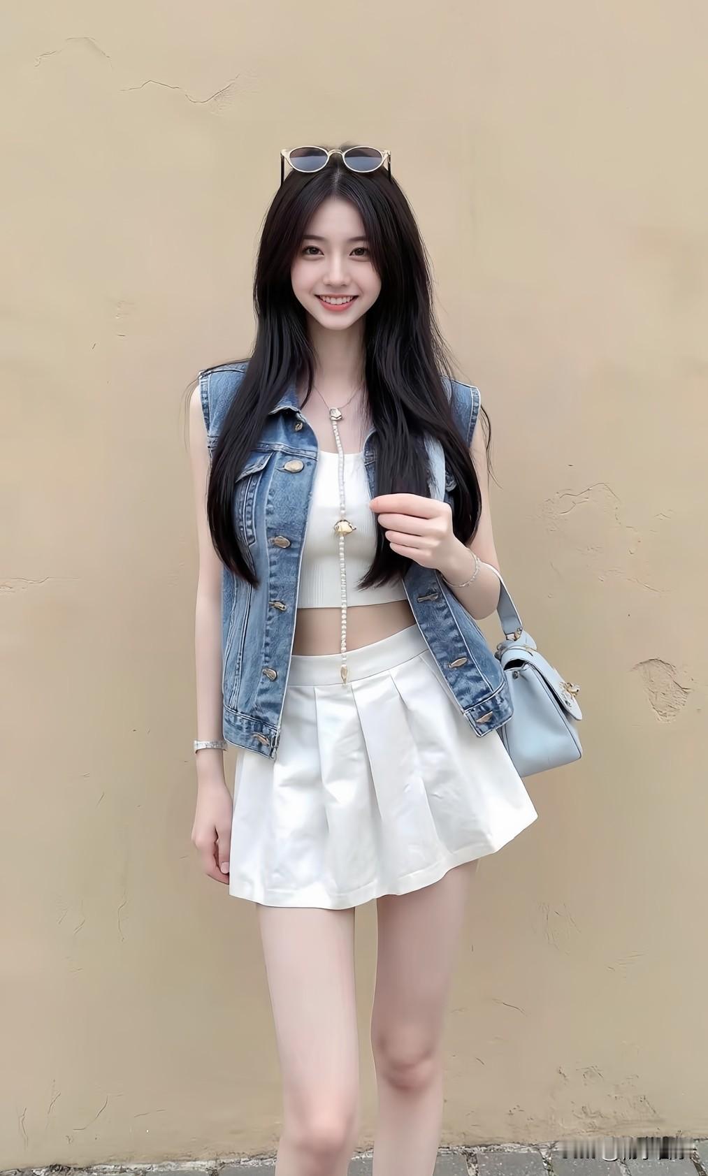 小姐姐打扮的真时尚，牛仔背心+白色短裙，活力满满！🌞👗👗少女风写真照分享