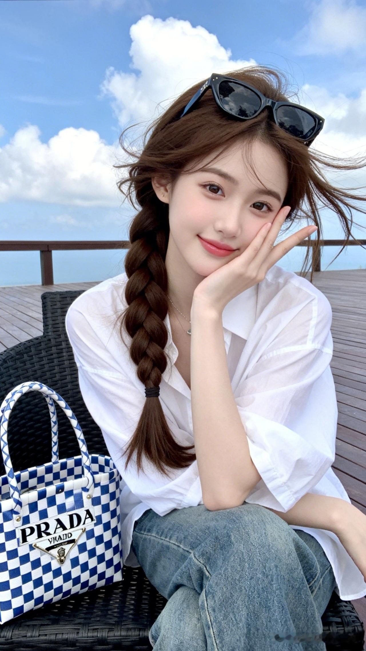 夏日清新穿搭，白色衬衫+牛仔裤，搭配Prada手袋，轻松自在！🌞👗👜