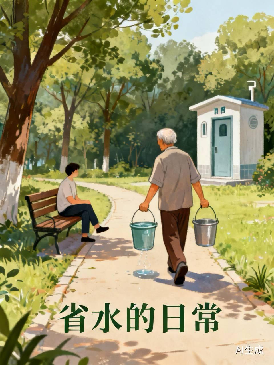 公园长椅上歇脚，对面就是公厕。一位老爷子拎着两个大桶从厕所出来，走几步歇一歇