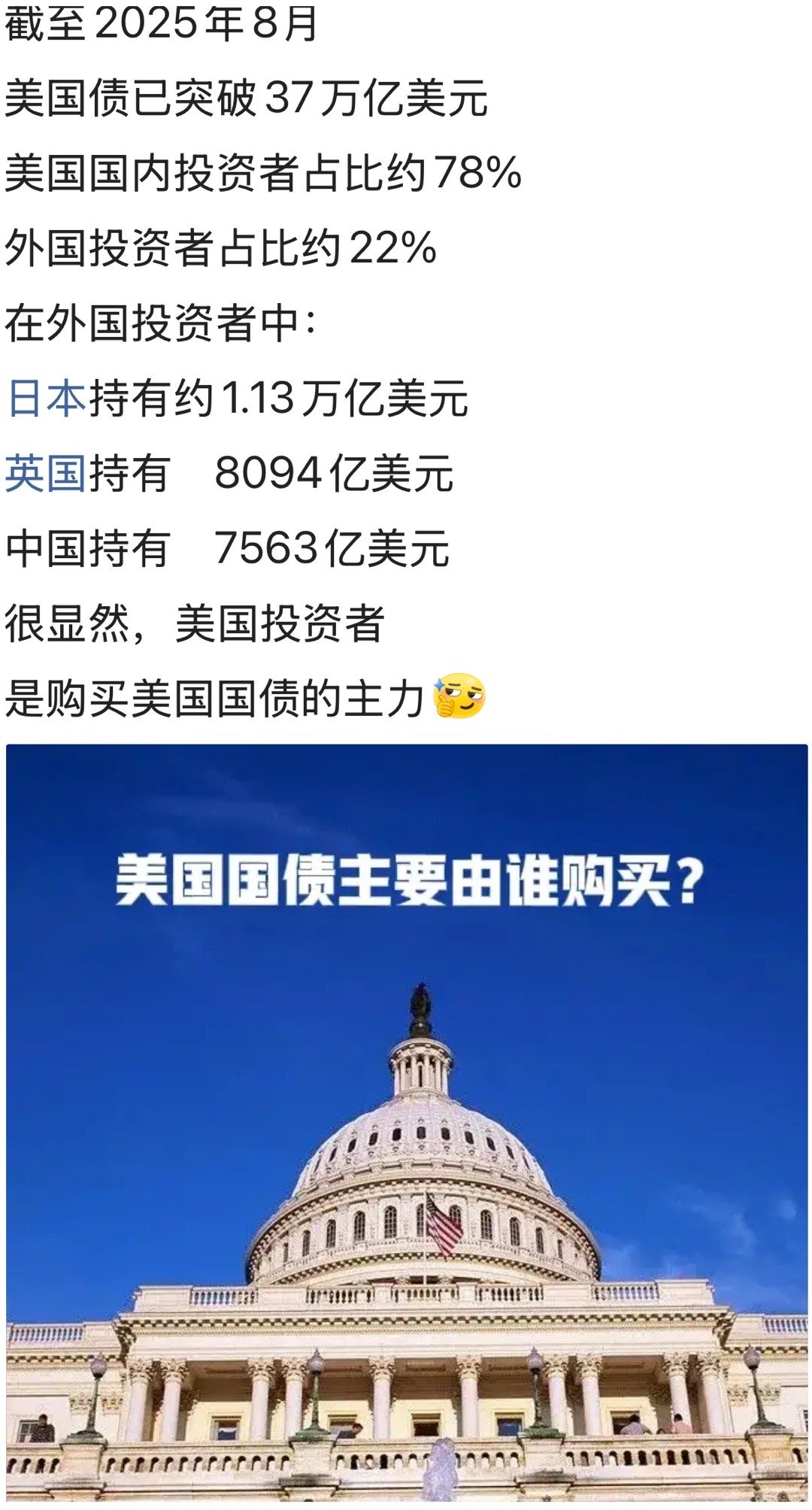 不少人说美国通过国债收割全世界，那么美国国债主要由谁购买的呢？美国国债​​​