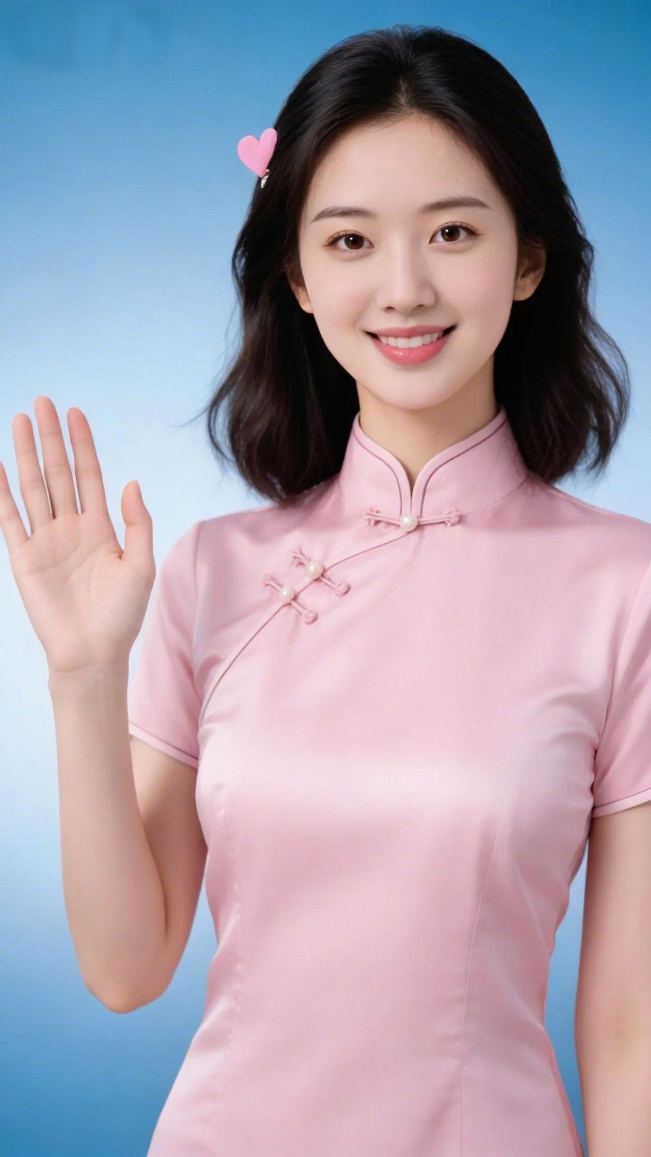 粉旗袍裹柔甜温浅蓝底色漫着轻暖，她身上的粉旗袍似揉了春樱的软——珍珠盘扣缀