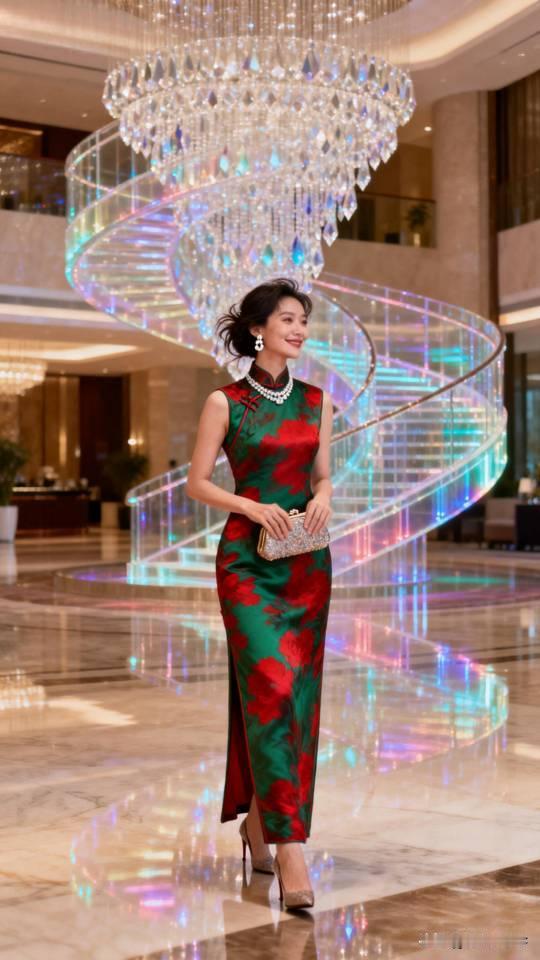 记录我的2026身穿红绿颜色的旗袍美女在大堂摆拍。旗袍旗袍美女气质美女