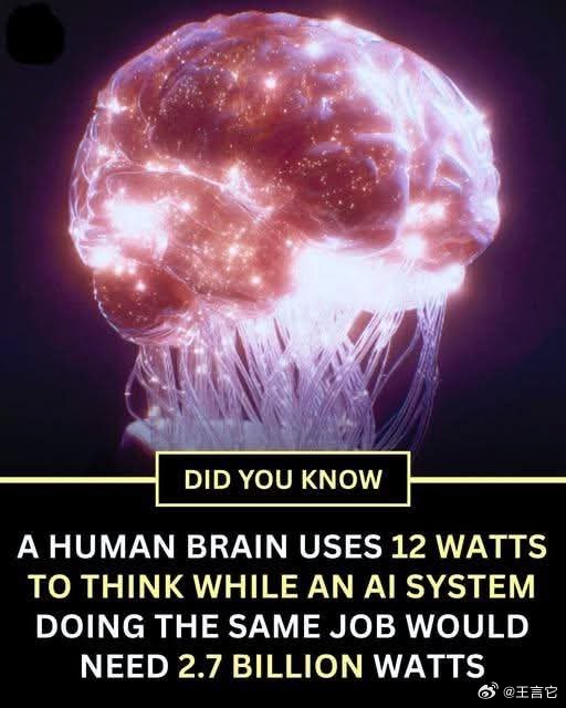 🚨人类处理一个语句时，大脑只消耗了12瓦的功率。而人工智能系统要完成同样的任务