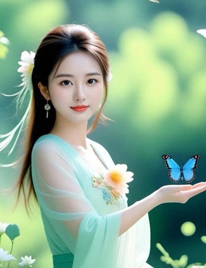 仙气飘飘的少女与翩翩起舞的蝴蝶，仿佛置身于梦幻的仙境之中。