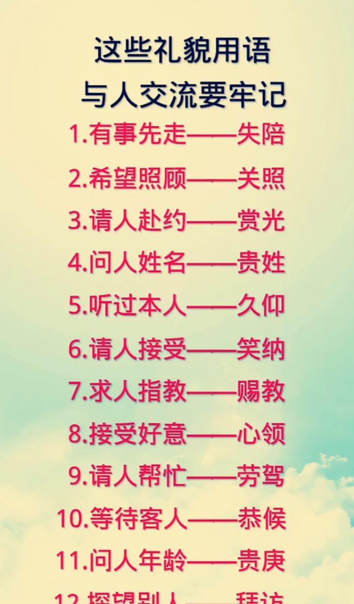 这些礼貌用语与人交流要牢记。·1.有事先走--失陪。·2.希望照顾--关照。
