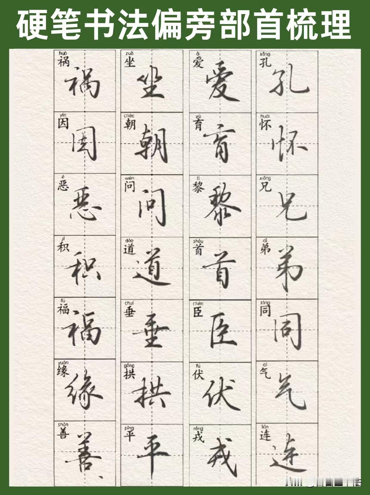 练行楷不用盲目整本临摹，抓准核心字才是捷径。这套硬笔行楷偏旁部首梳理，精选224