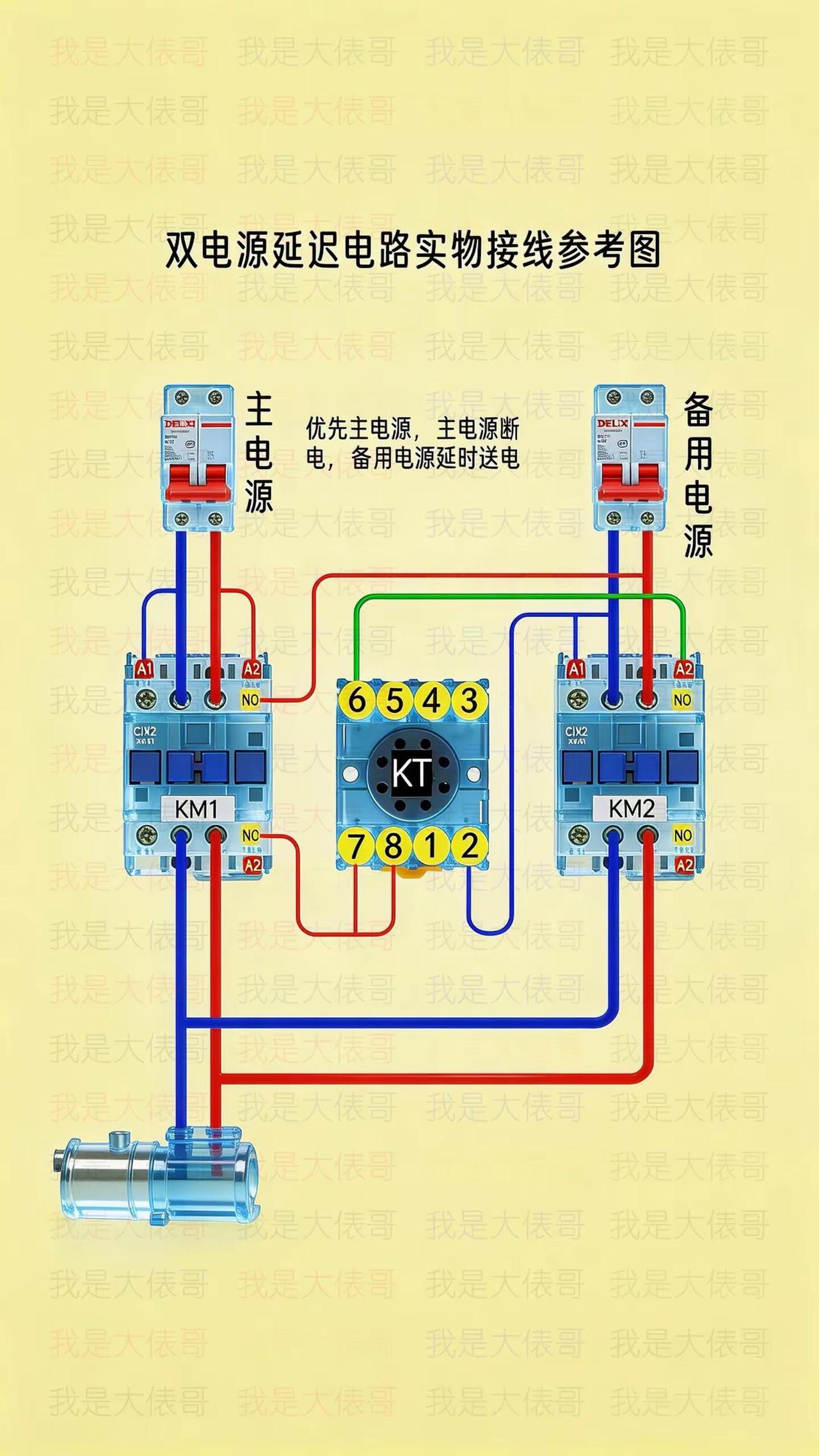 双电源切换电路，加一个延时好一些。零基础学电工电工知识电工接线电工教学