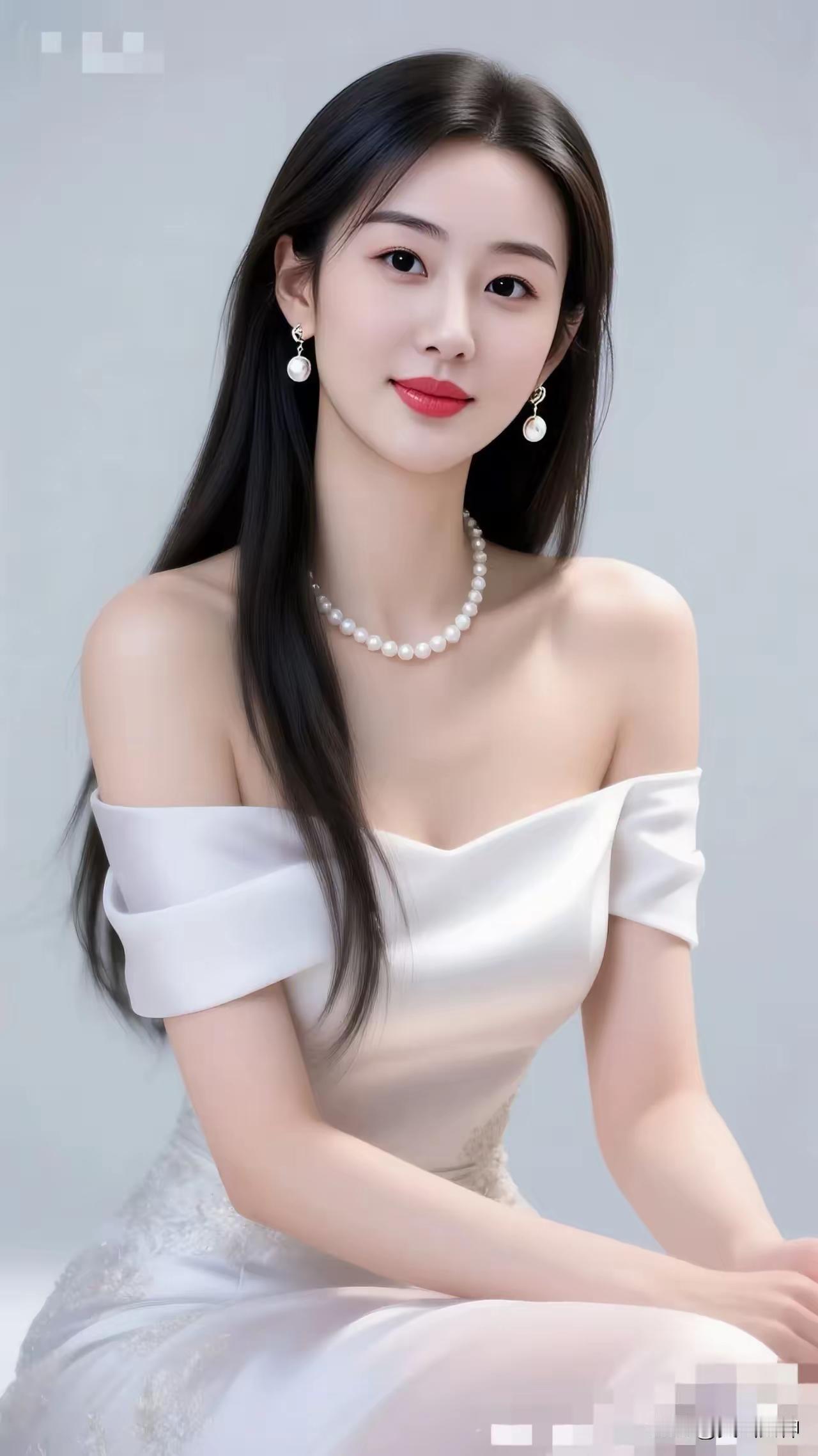 优雅珍珠耳环，甜美露肩白裙，温柔女神范儿