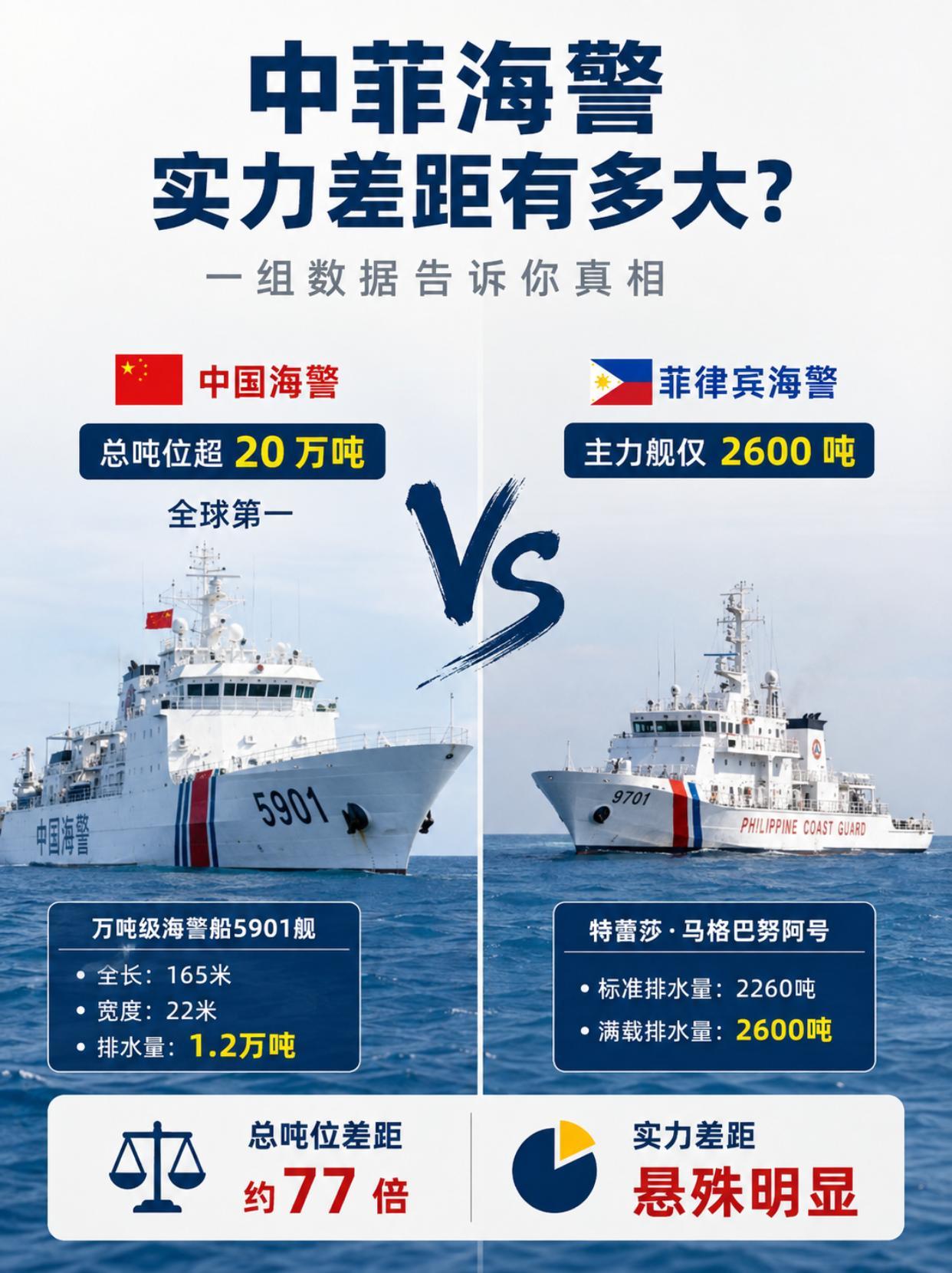 中菲海警硬实力全方位对比，差距一目了然！从舰艇吨位火力规模，看懂两国海警悬殊差