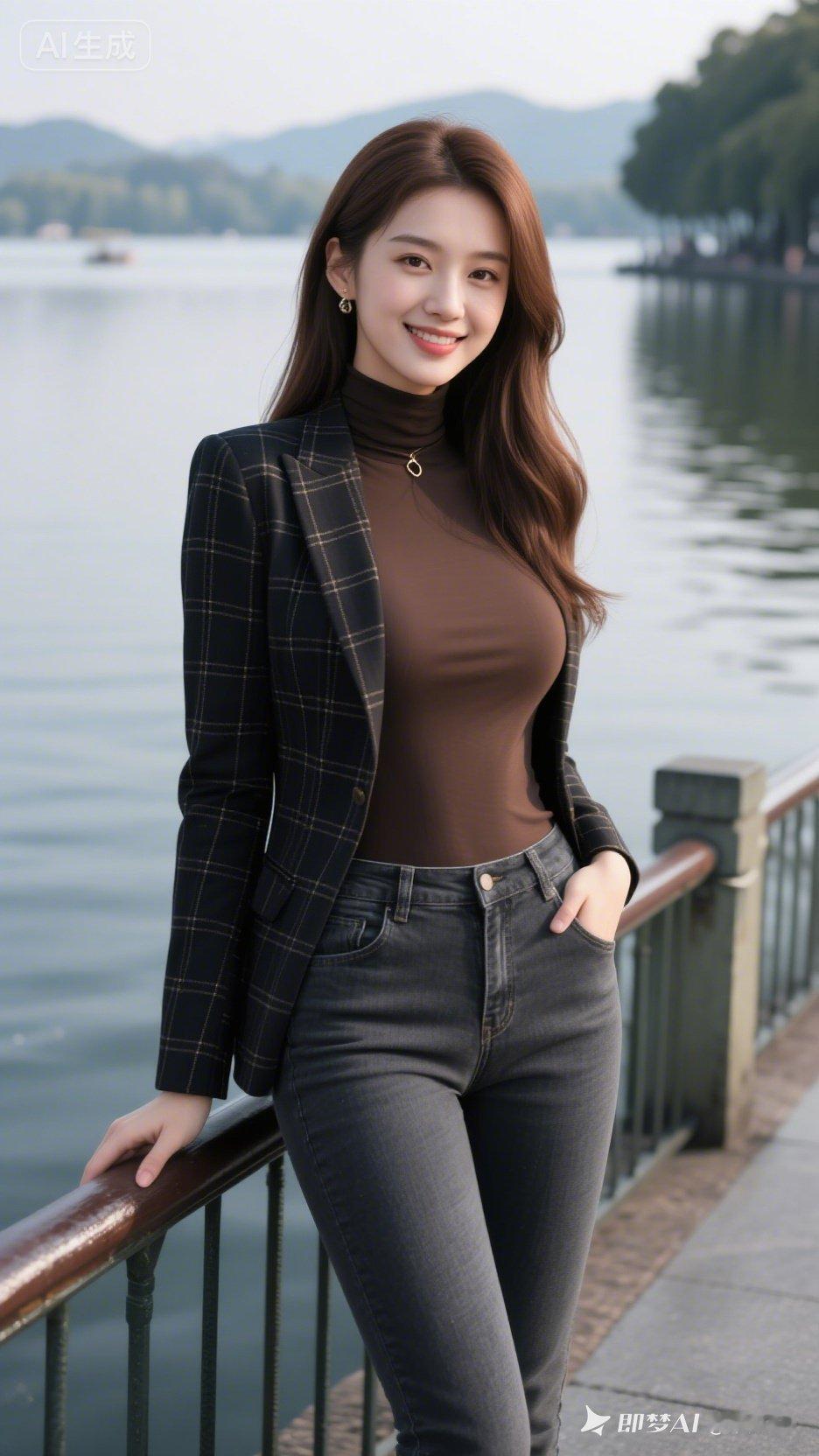 湖畔美人倚栏杆，笑语盈盈似画卷。