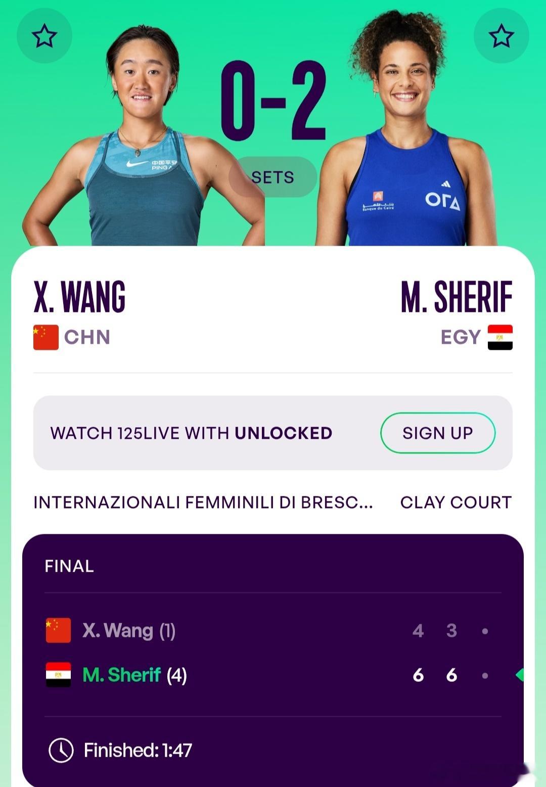 WTA125布雷西亚站🇮🇹女单决赛头号种子王曦雨🇨🇳4-6/3-6不敌4