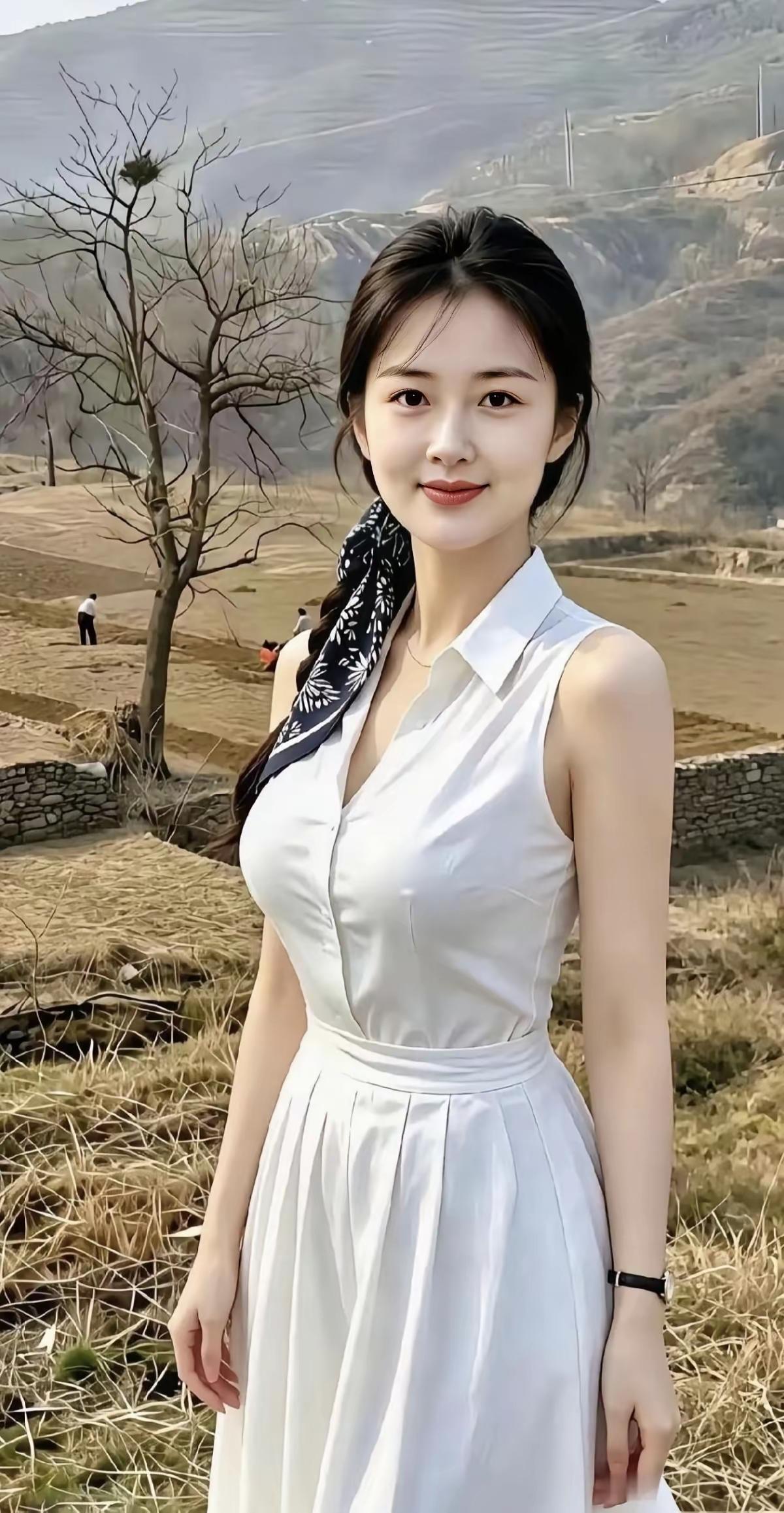 一位女孩在田野里拍照。