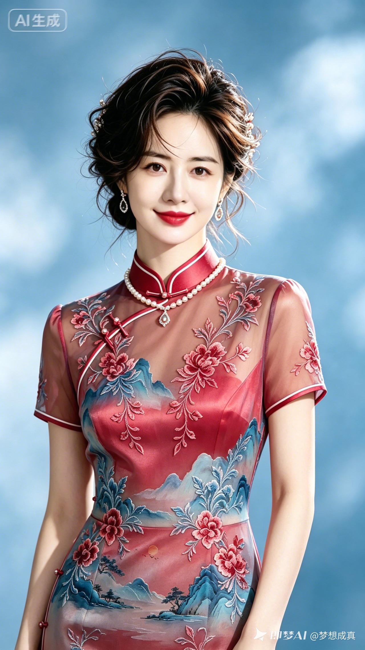 这位女士穿着漂亮的旗袍，真优雅！