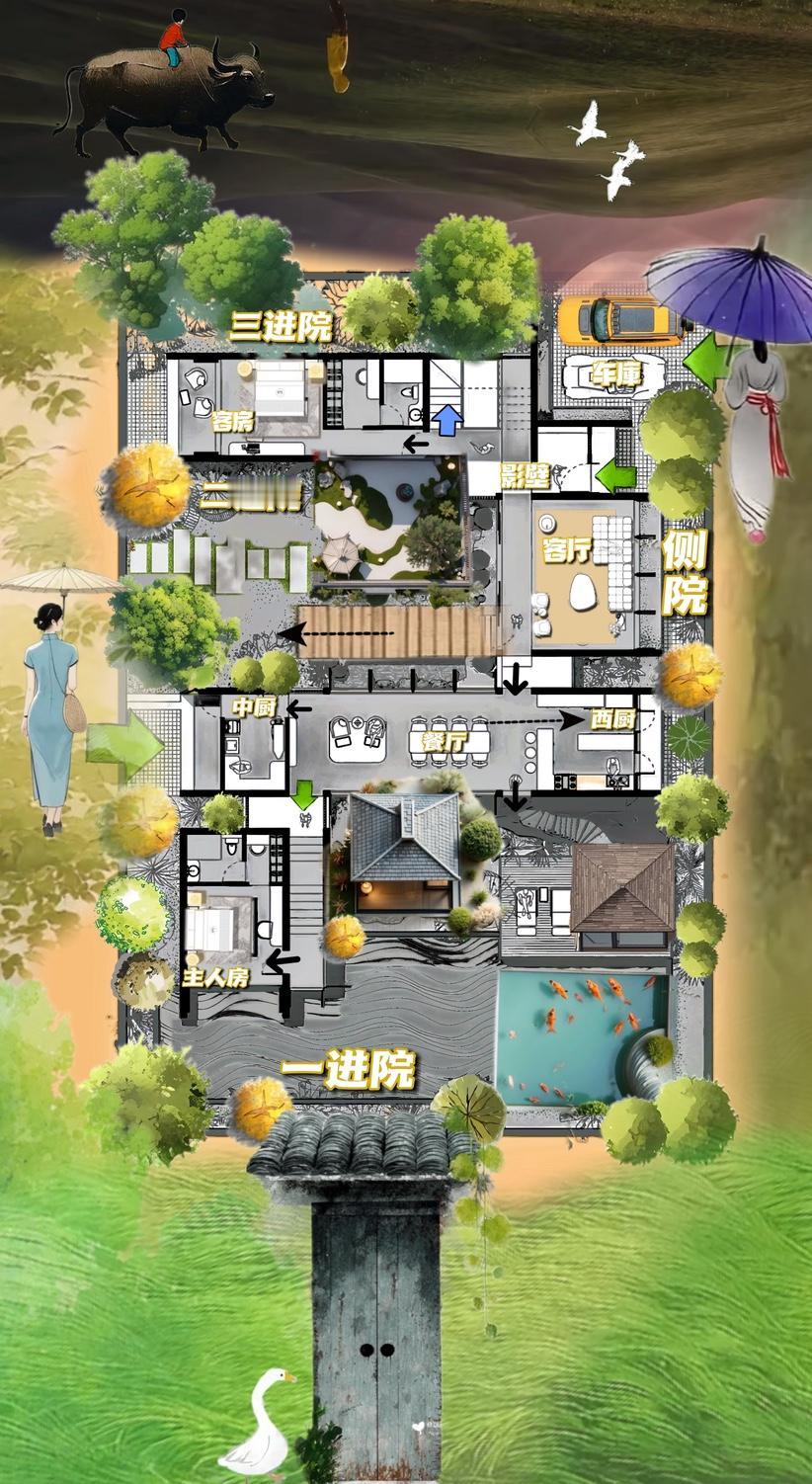 爱炫耀的合院，自建房太闲了，560㎡不知道整啥，三进院落不够深，旁边生长30米侧