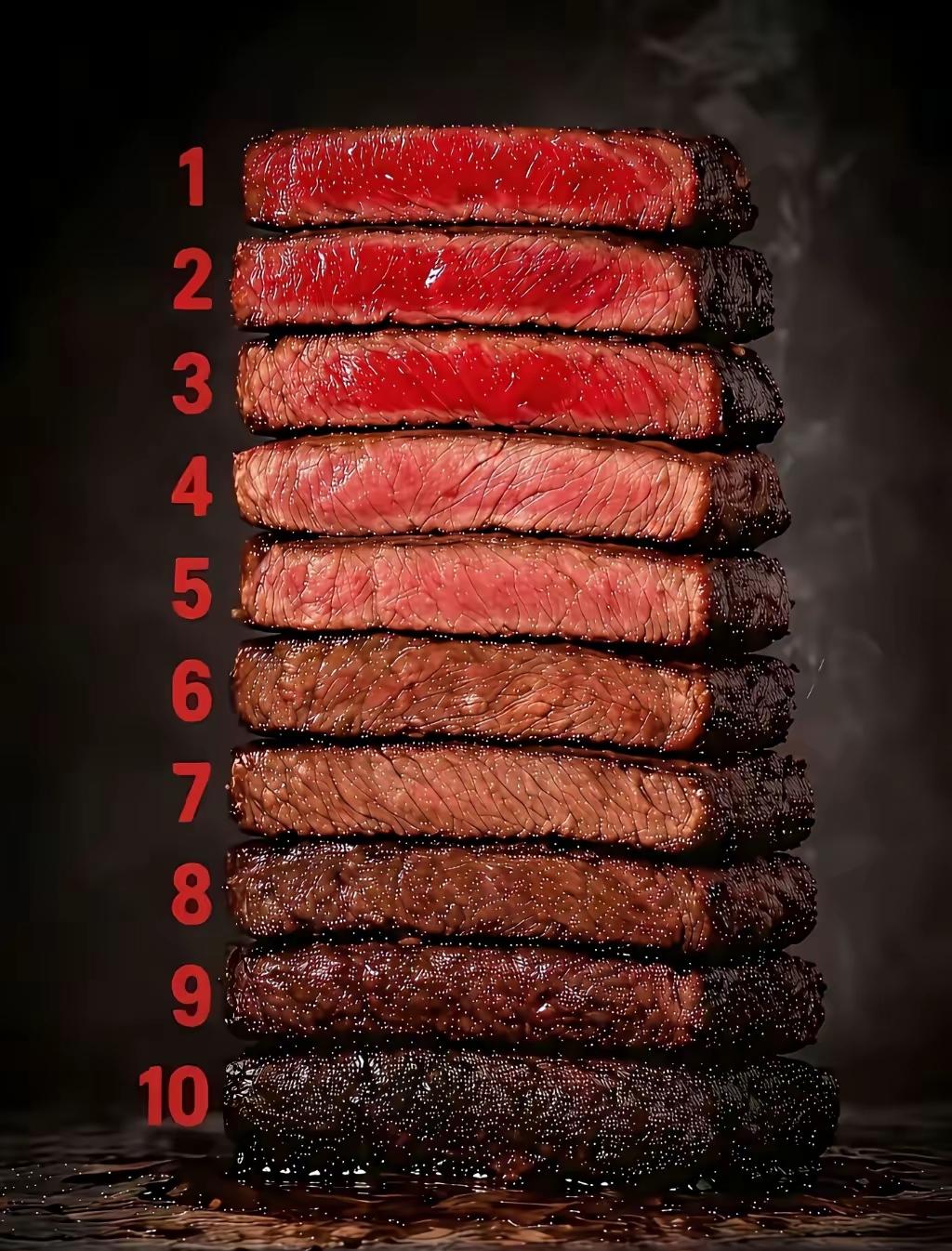 如果对牛排的“熟度”没概念就看看这张图，好多人都说5分熟才是牛排最佳的状态，和最