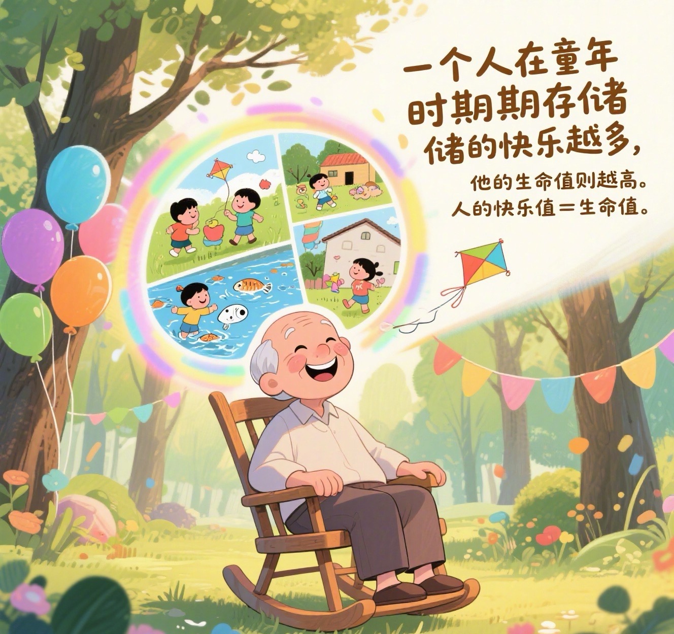 一个人在童年时期存储的快乐越多，他的生命值则越高。人生的快乐值=生命值。———《
