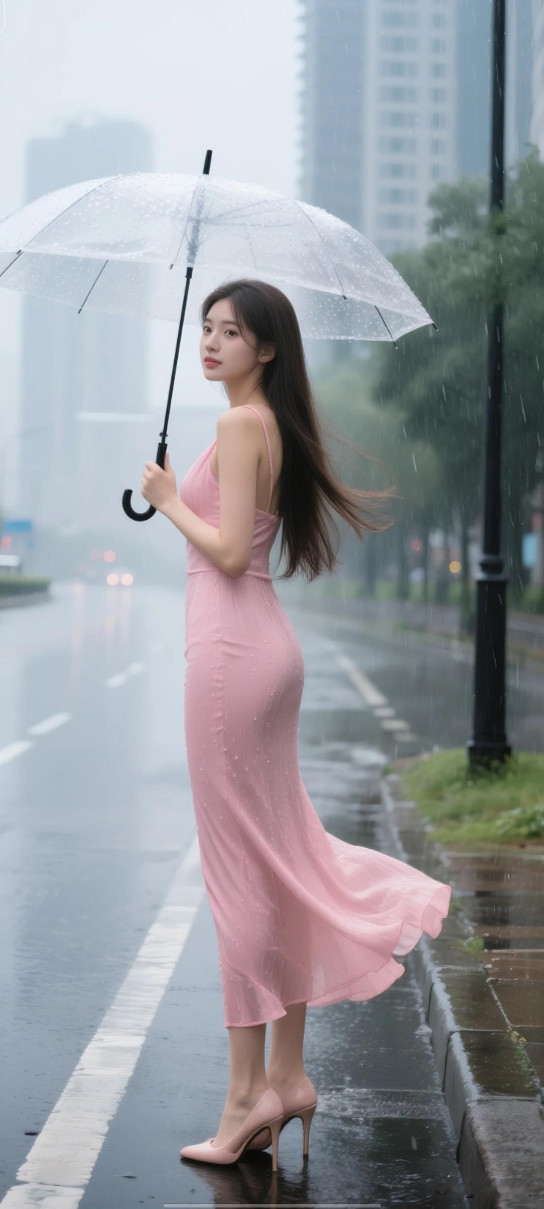 气质穿搭怎么穿才恰到好处?雨中美人伞下立，粉裙飘飘似仙姿。