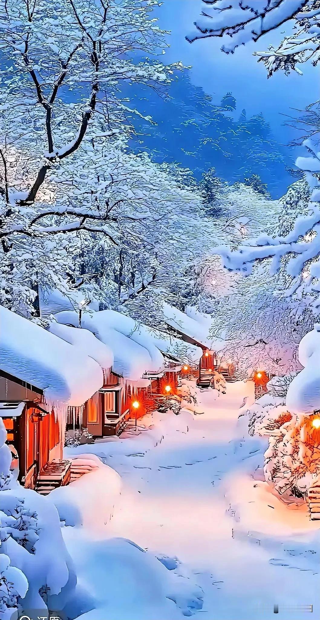冬日童话：雪中漫步，暖灯相伴，童话般的梦幻世界。