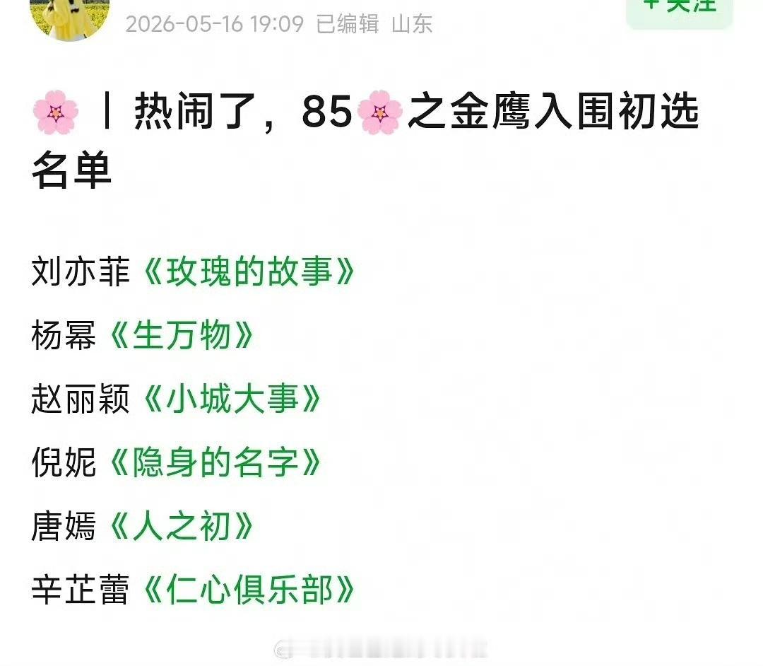 发现没？最近很多人还拿着白玉兰那套标准来预测金鹰奖，结果完全行不通了。之前