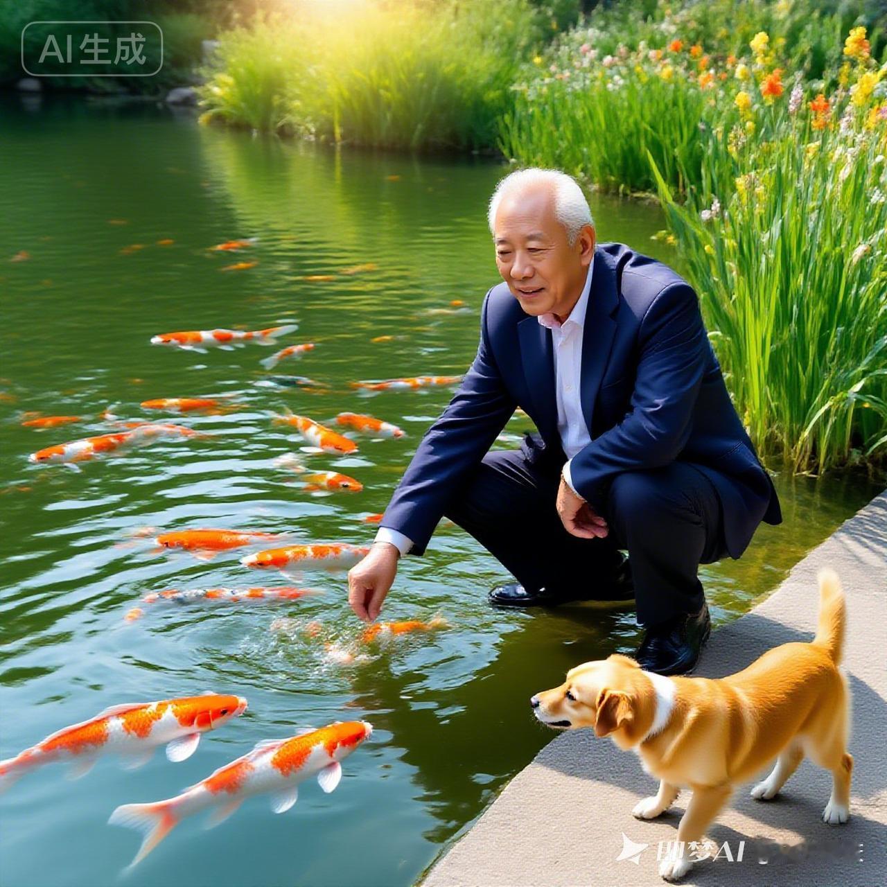 优雅的绅士与可爱的狗狗在池塘边，与锦鲤亲密互动，享受宁静时光。🌸🐟🐾