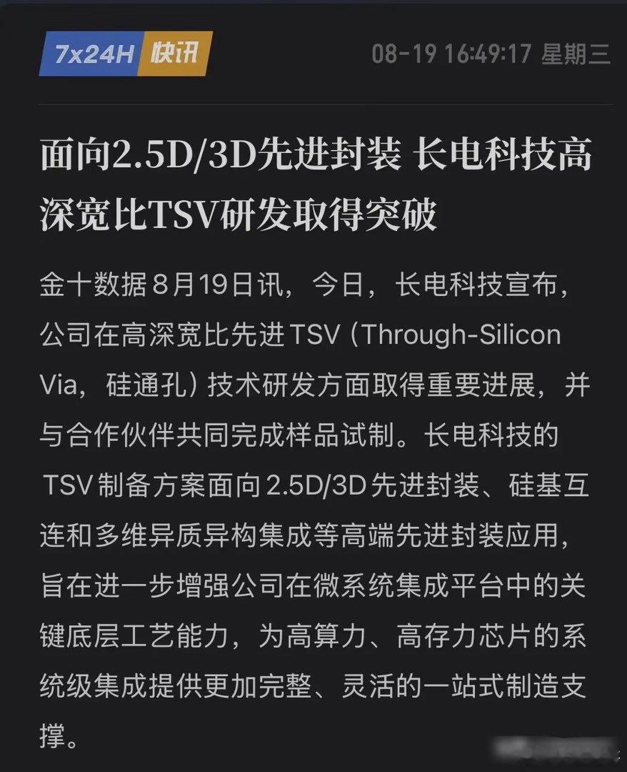 振奋人心！长电科技TSV技术迎突破，1.5微米“穿硅箭”射穿封锁，国产替代再撕一
