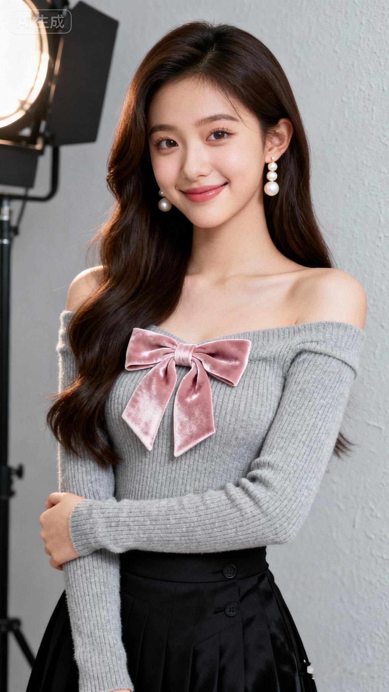 甜美少女风穿搭，粉色蝴蝶结毛衣搭配黑色百褶裙，温柔可人！